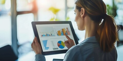 A female manager reviewing financial charts and graphs on a digital tablet, analyzing business performance and growth
