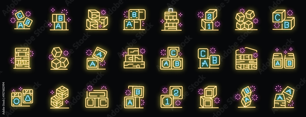 Poster glowing neon icons set of various building blocks with letters and numbers for children