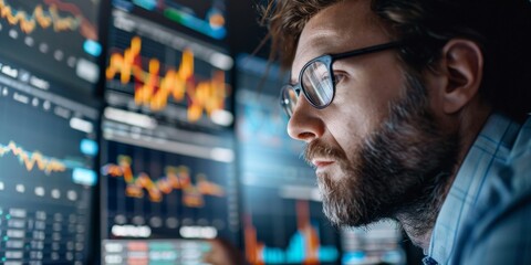 Close-up of a pension fund manager reviewing investment portfolios and market trends