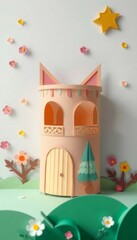 Papercraft house with flowers and star on a white background.