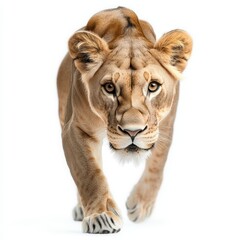 Obraz premium A majestic lioness walking confidently. Capture the grace and strength of this beautiful big cat in a striking pose.