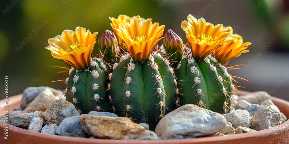 Sticker A beautiful green cactus with yellow flowers is sitting in a pot of rocks. The cactus is healthy and has many sharp spikes. 