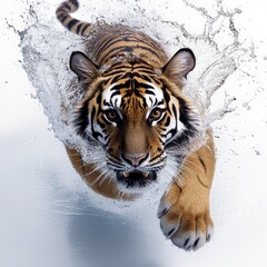 Obraz premium A powerful tiger splashes through water, showcasing its strength and grace in a stunning display of nature's beauty.
