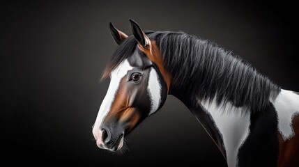 A stunning portrait of a horse showcasing its unique markings and elegant features against a dark background.