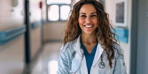 Fototapeta premium Portrait of a confident female doctor smiling in a hospital corridor, representing healthcare professionalism and trust