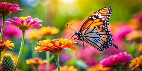 A delicate butterfly flutters near vibrant flower petals, surrounded by the soothing sounds of a tranquil garden, where