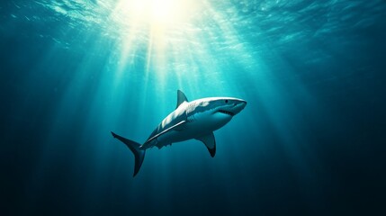 Fototapeta premium Majestic shark swimming in deep blue ocean waters, illuminated by sunlight rays piercing through the surface. Marine life and adventure concept.