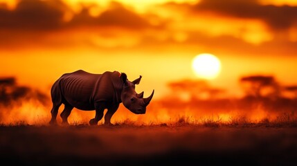 Fototapeta premium Majestic rhinoceros walking in savannah at sunset, with vibrant orange sky and serene landscape.