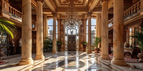Fototapeta premium A grand entrance hall with marble stone flooring, towering columns, and a crystal chandelier, creating an atmosphere of opulence and grandeur
