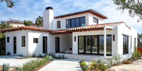 Fototapeta premium Beautiful Modern Spanish Style Home Exterior, Modern Home 