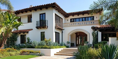 Fototapeta premium Beautiful Modern Spanish Style Home Exterior, Modern Home