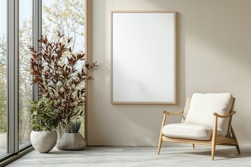 Poster Frame in Beige minimalist living room interior created with generative AI