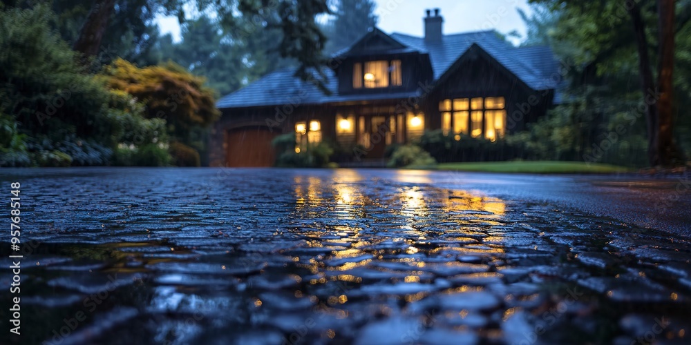 Wall mural a close-up view of a wet stone driveway with a beautiful house and lush trees lit by soft natural li