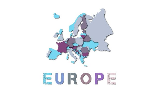 Europe map with paper regions. Animated continent map growing from regions and title letters falling down. Artistic 4K animation.