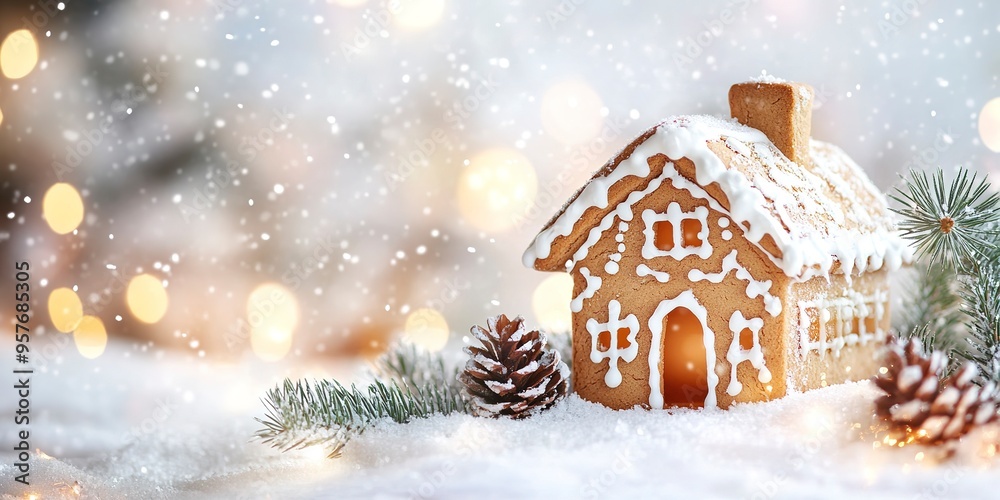 Wall mural christmas composition with gingerbread house and fir branches in snow on blurred lights background. 