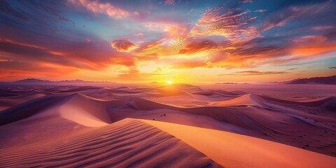 A breathtaking desert landscape with sand dunes stretching to the horizon under a vibrant orange sunset, capturing solitude and vastness