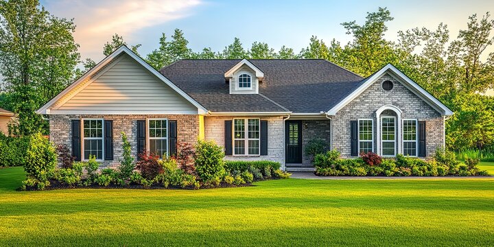 a nice home with grass and bushes 