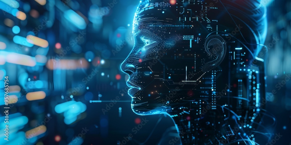 Poster AI and machine learning technology concept with data analysis and digital information flow