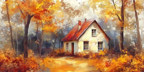 Obraz premium beautiful cute house in autumn forest, artful painting style illustration with grungy brush stroke texture