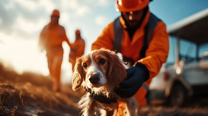 Rescue workers in orange uniforms caring for a dog during an emergency operation at sunrise, demonstrating bravery and compassion. - Powered by Adobe