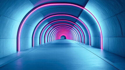 Futuristic tunnel with vibrant neon lights in blue and pink colors, creating a dynamic and modern atmosphere.