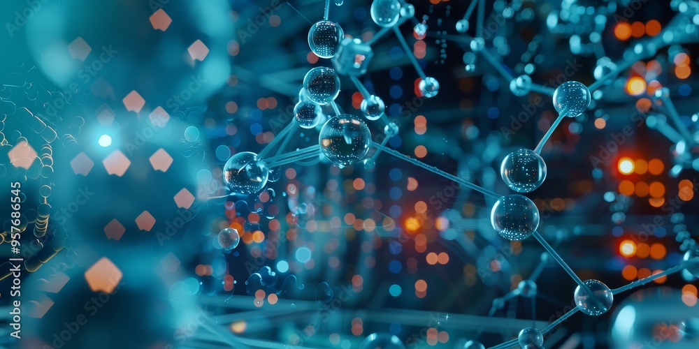 Poster Dynamic visualization of a molecule, with animated bonds and atoms, set against a high-tech lab environment