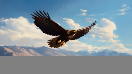 Obraz premium Majestic eagle soaring over a vast, mountainous landscape with a clear blue sky in the background.