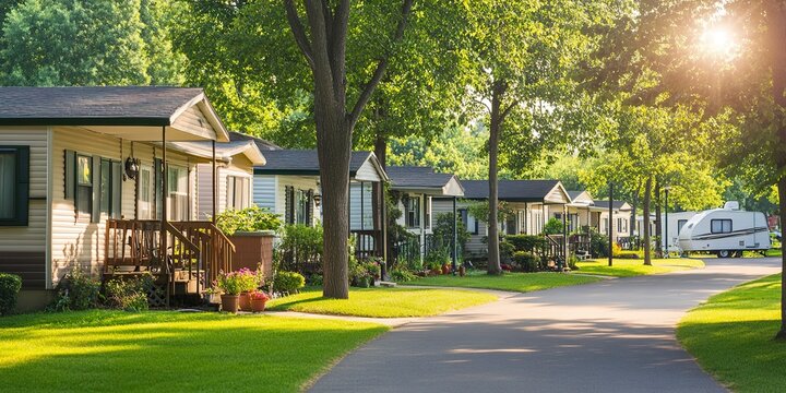Serene row of tidy residential mobile homes with pitched roofs, trim lawns, and quaint porches, nestled among mature trees in a peaceful mobile home park. 