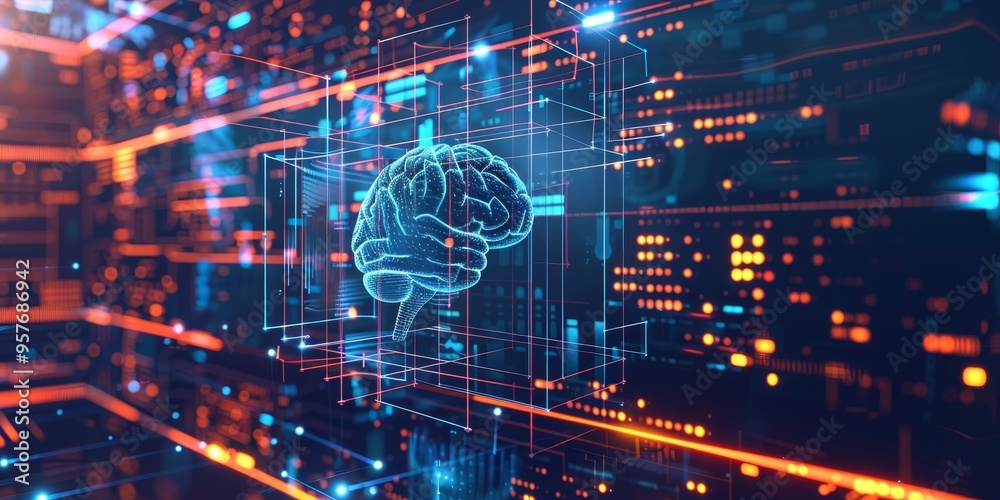 Poster Futuristic machine learning concept with abstract digital data processing on a technological background