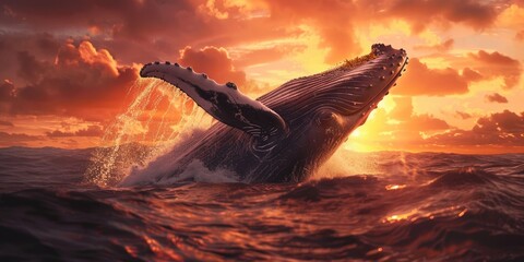 Fototapeta premium Humpback Whale Emerging while Hunting for Prey in the Arctic Ocean