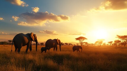 Serene group of elephants walking through the African savannah at sunset, surrounded by tall grass and acacia trees.