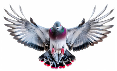 A majestic pigeon in flight, showcasing its vibrant feathers and outstretched wings against a clean white background. © missisya