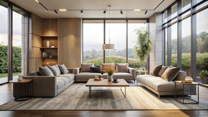 A modern minimalist living room features plush seating amidst a neutral color palette, flooded with natural light