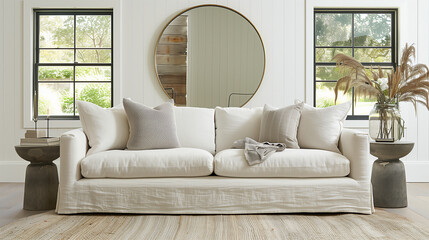 Coastal living room with a shiplap wall behind a white slipcovered sofa. interior design concept 
