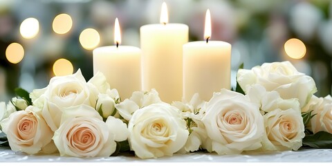 Elegant White Candles and Roses for a Memorial Service 