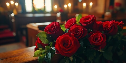 Obraz premium Photo of a closed coffin covered with roses at a funeral service. Funeral concept, church farewell ceremony 