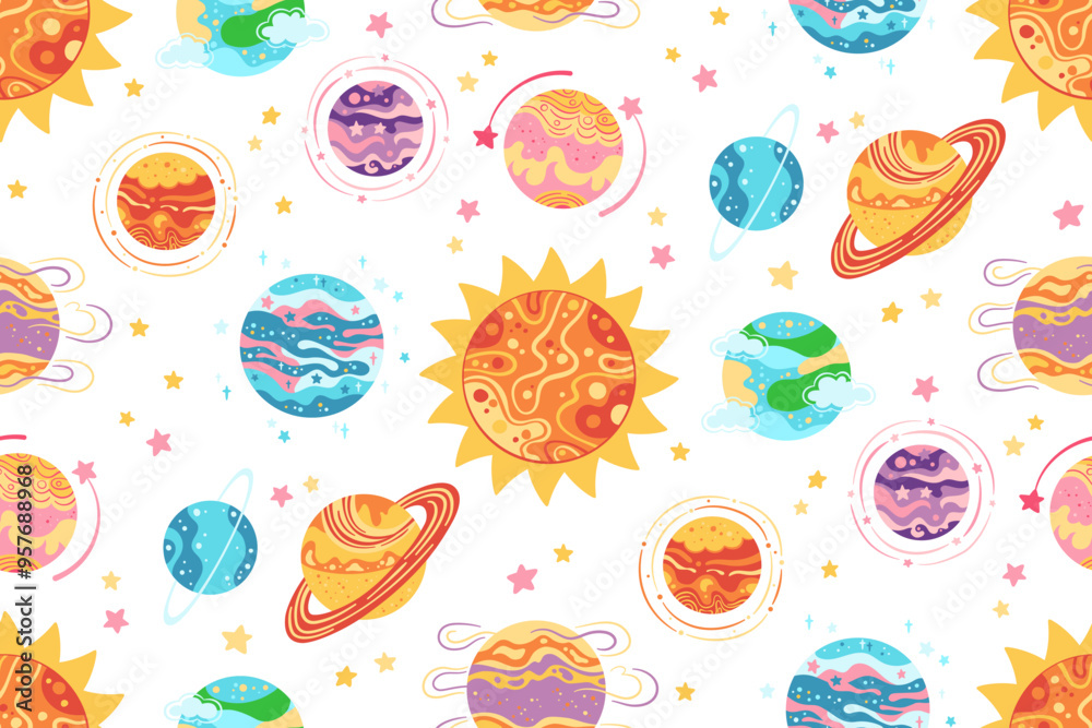 Wall mural solar system planets seamless pattern. abstract cartoon planets boundless background. fantastic gala