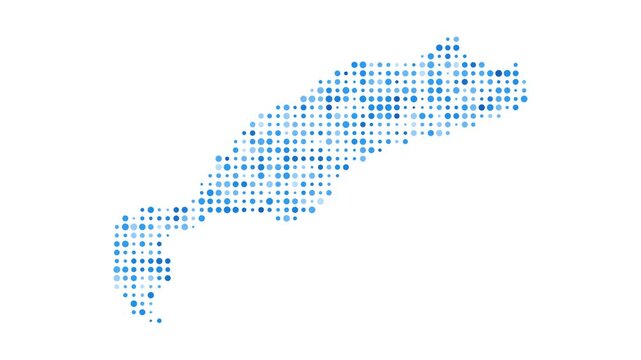 Kos dotted digital map. Map of Kos with pulsating colored circles. Shape of the island filled with blue disks. Amazing video.
