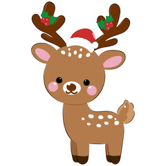 Cute cartoon reindeer with a red Santa hat and holly decorations, perfect for festive holiday designs and children’s content. The playful design and vibrant colors make it engaging and fun.