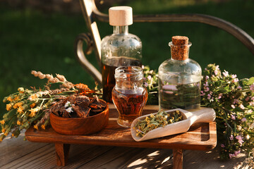 Different tinctures in bottles, bark chips and flowers on wooden bench outdoors, closeup