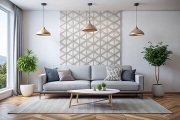 Obraz premium A serene living room boasts white walls, a sleek modern sofa, and a bold geometric print dominating the