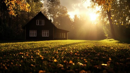 A serene autumn landscape featuring a cozy house surrounded by colorful leaves and warm sunlight filtering through trees.