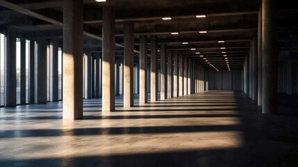 A spacious industrial interior with concrete pillars casting shadows in natural light. Ideal for modern architecture themes.