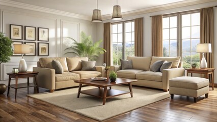 Fototapeta premium A serene living room features a beige sofa, chair, and ottoman, paired with a warm brown coffee table