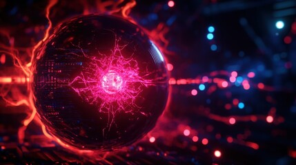 Obraz premium A vibrant and energetic digital sphere radiating electric pulses and colorful light in a futuristic setting.