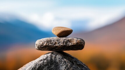 Balanced stones atop each other, symbolizing tranquility and harmony against a serene blurred landscape.
