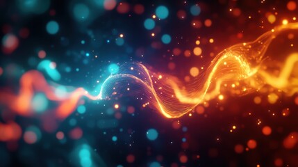 Fototapeta premium Colorful abstract wave of light with vibrant blue and orange particles on a dark background, creating a dynamic visual effect.