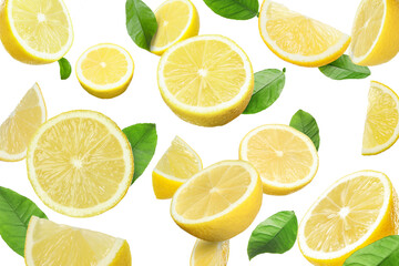 Fresh juicy lemons and green leaves falling on white background