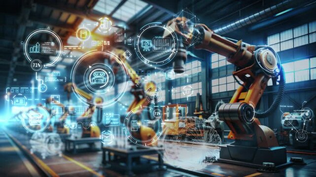 Advanced factory showcases robotic arms performing automated tasks.