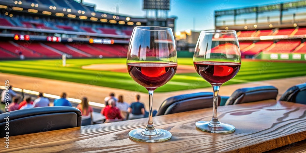 Sticker Wide angle shot of two red wine glasses on a table at a baseball stadium , wine, glasses, red, baseball stadium